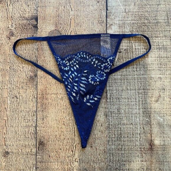 Victoria's Secret Blue Metallic Silver V-String Panty Small Thong Sexy NWOT - Picture 3 of 6